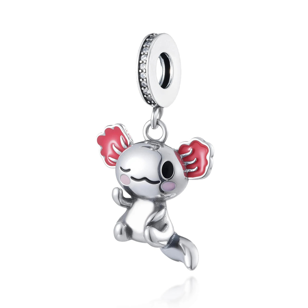 Cuenta de plata con forma de animalito de orejas rosas y un aro colgante de plata.