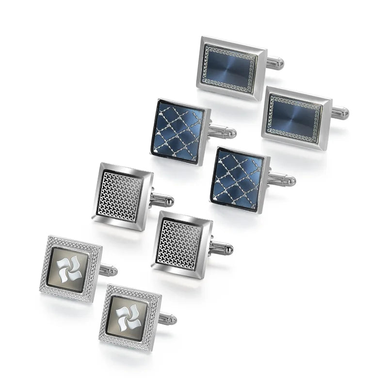 A collection of silver cufflinks featuring various geometric and patterned designs.