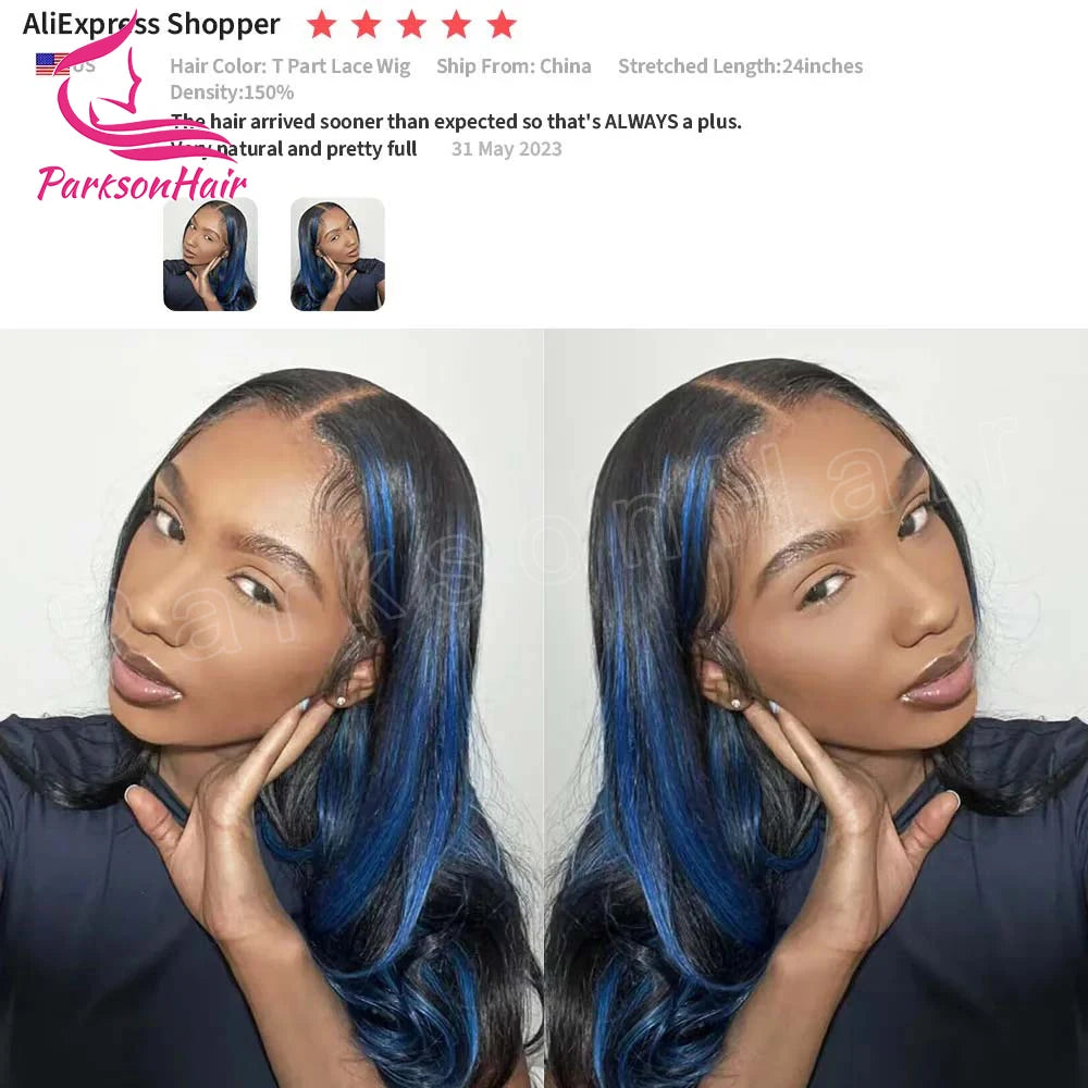 Primer plano de una modelo usando una peluca con encaje de cabello liso brasileño largo en degradado azul y negro.