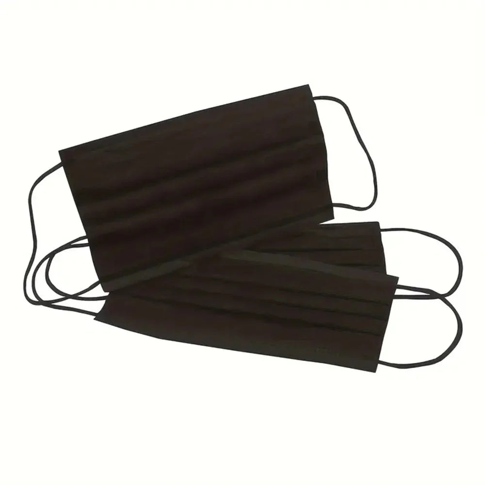 A pair of black disposable face masks for adult protection.