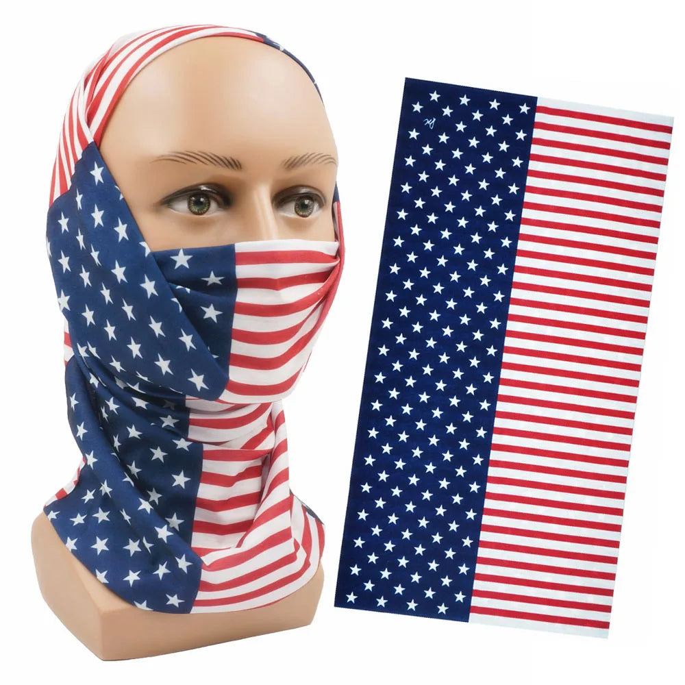 A navy blue and red striped USA flag bandana neck gaiter displayed on a mannequin head.