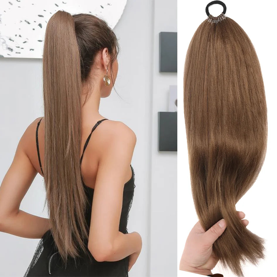 A woman shows off an ultra-long straight brown hair ponytail wig against a white background.