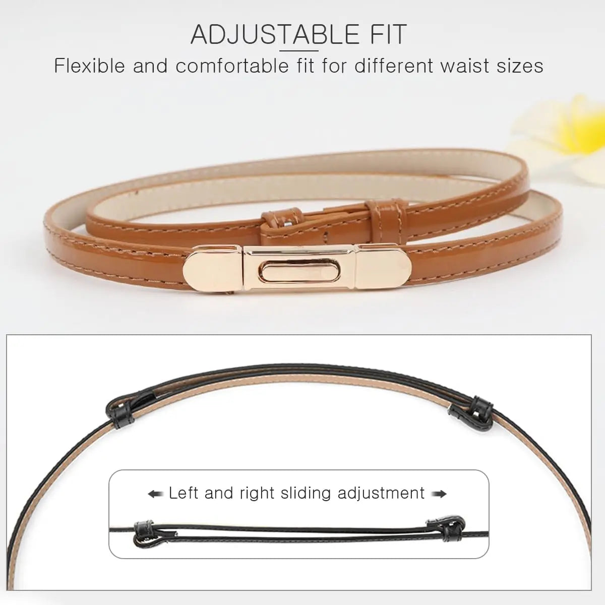 A close-up view of a tan leather belt with a gold buckle, showing the adjustable sliding mechanism.