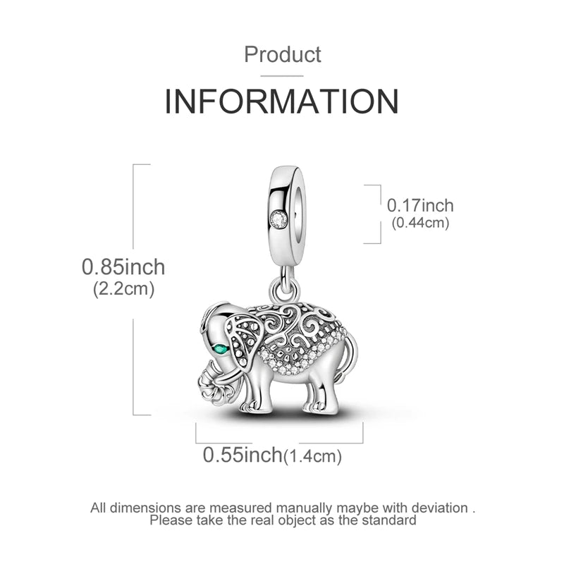 A sterling silver elephant charm is shown against a white background.