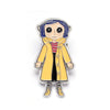 Broche émail représentant une fille anime stylisée aux cheveux bleus et vêtements jaunes.
