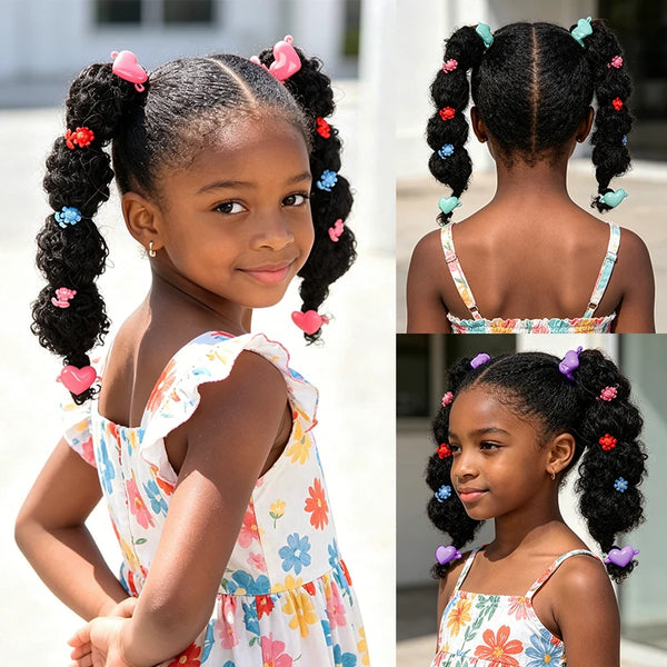 A young girl shows off her two-piece synthetic ponytails with colorful accessory clips.