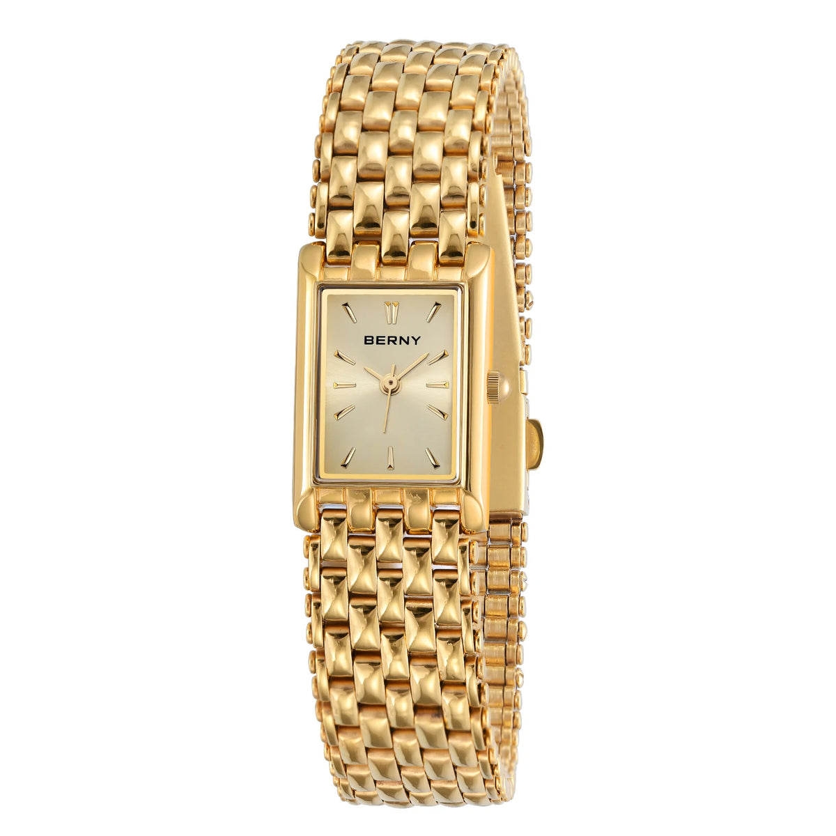 Montre quartz femme plaquée or avec bracelet métallique texturé et cadran carré.