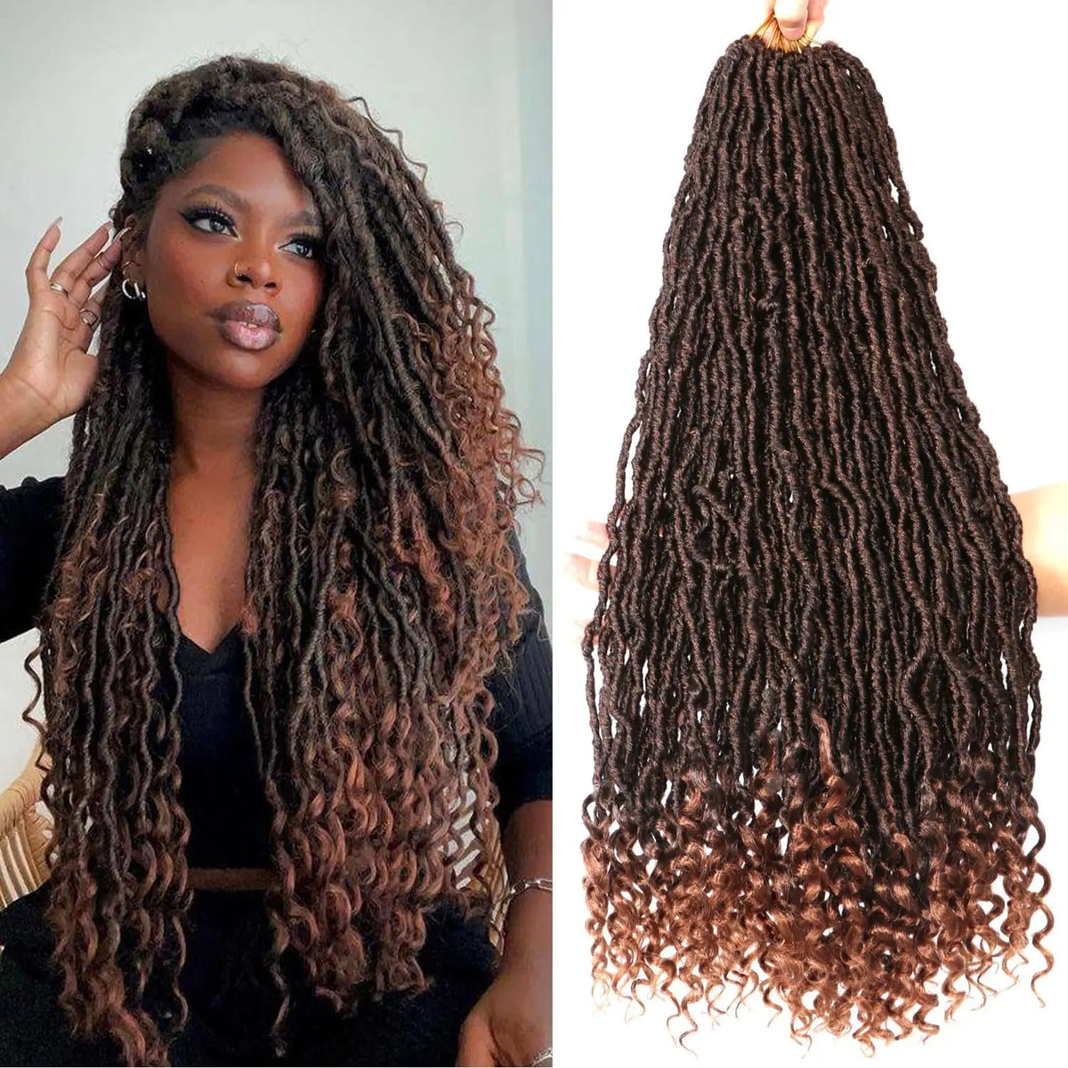 Lange, dunkle braune Faux-Locs-Haarerweiterungen auf einem Modelkopf.