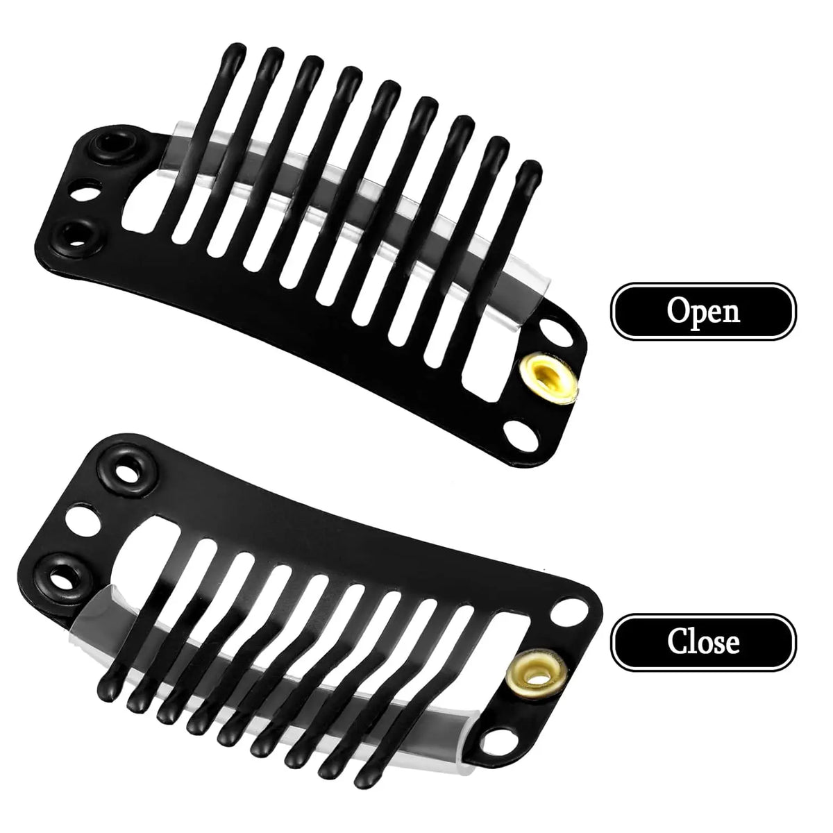 Black hair extension snap clips shown open and closed, featuring parallel teeth for securing wigs.