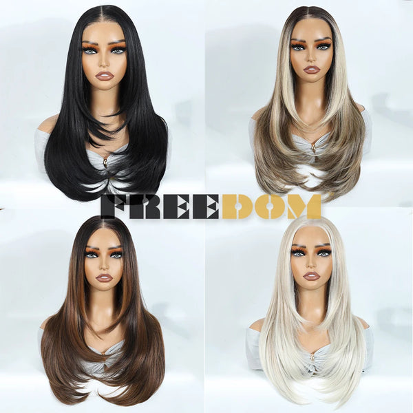A collection of five long, straight synthetic lace front wigs in various shades of black and blonde.