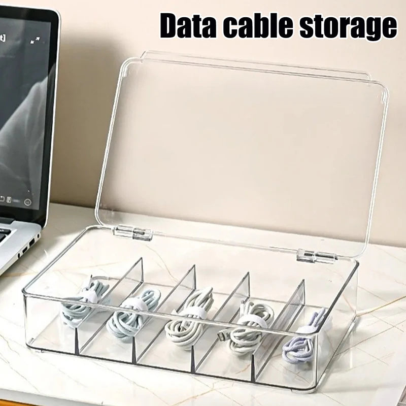 A clear plastic multi-compartment organizer for storing and organizing data cables and wires.