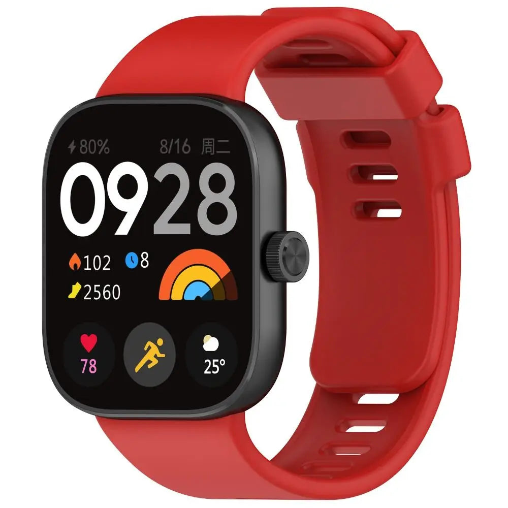 A red silicone watch strap is shown with a black smartwatch displaying health metrics and a rainbow weather icon.