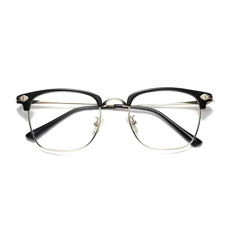 A pair of black fashion metal half-frame reading glasses with thin metal arms.