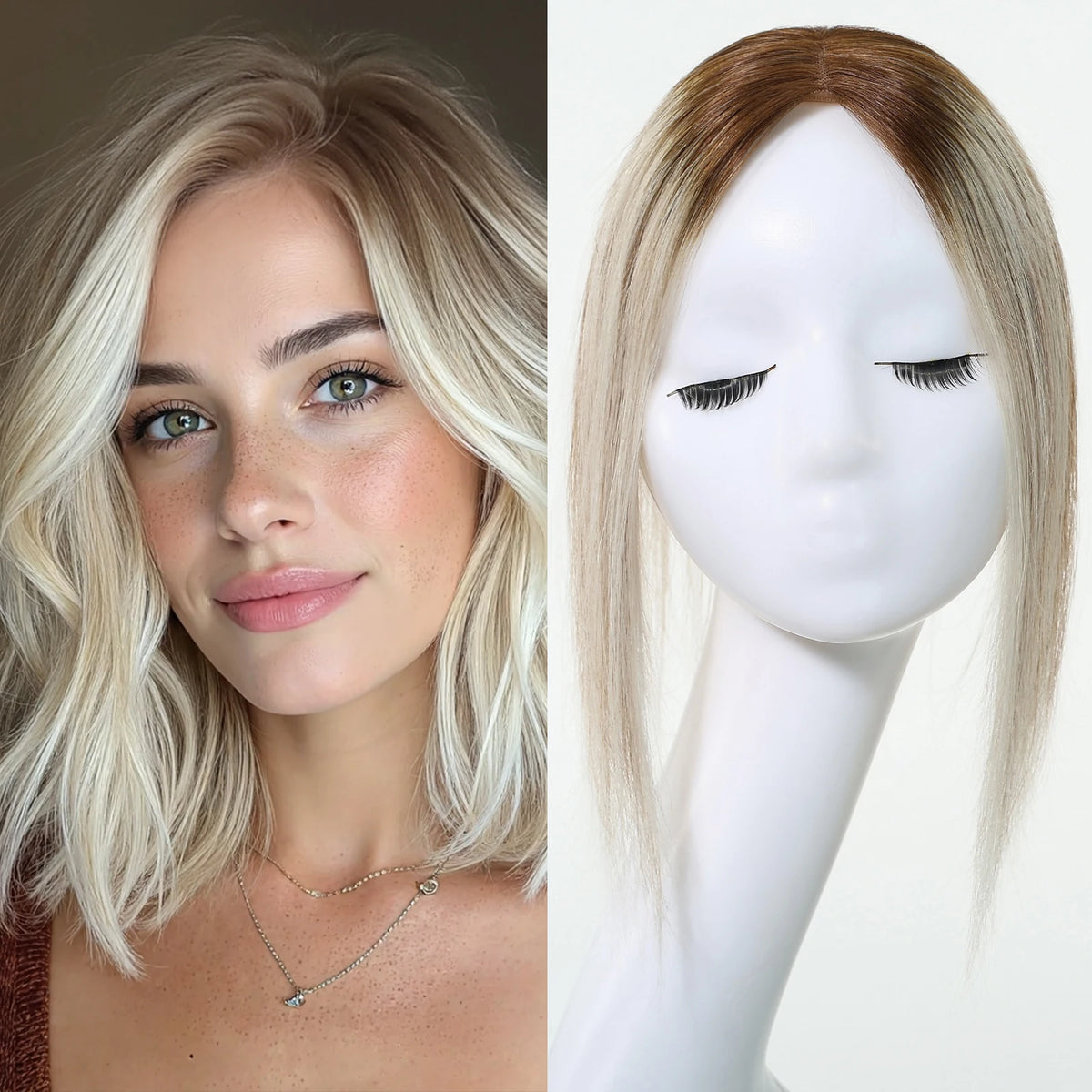 A close-up of a woman with light blonde hair looking at the camera next to a mannequin head displaying a light brown blonde o
