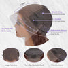 A close-up view of a brown human hair wig with an elastic cap, adjustable straps, and three combs around the base.