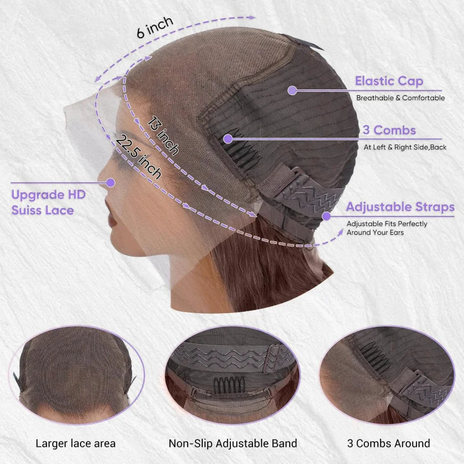 A close-up view of a brown human hair wig with an elastic cap, adjustable straps, and three combs around the base.