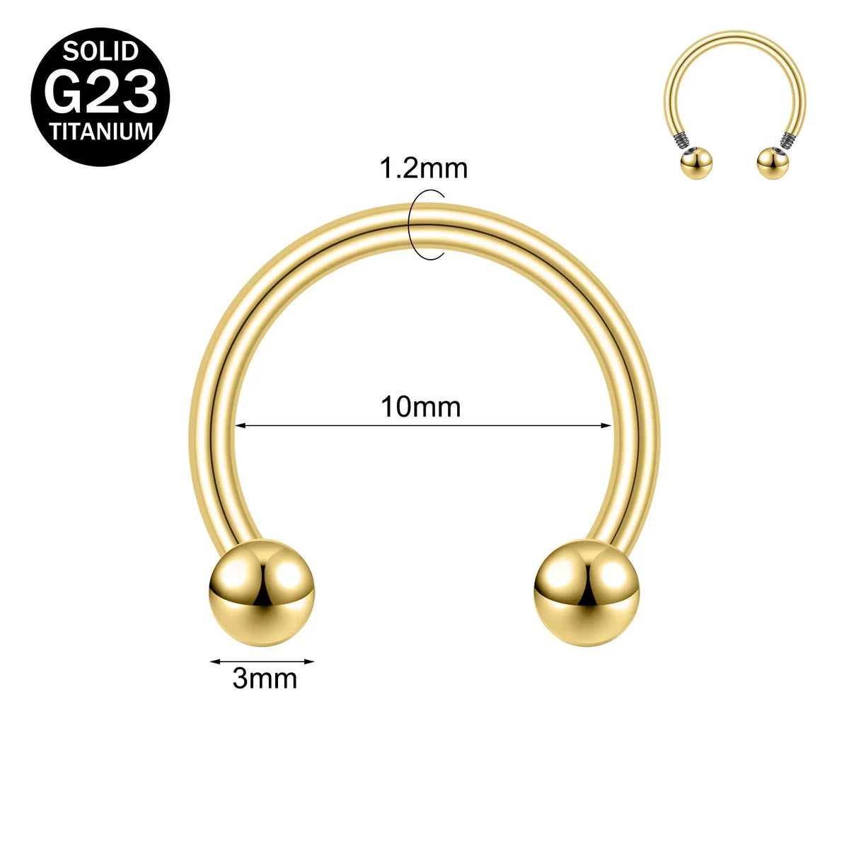 Gold-toned titanium nose ring with a curved hoop and spherical findings.