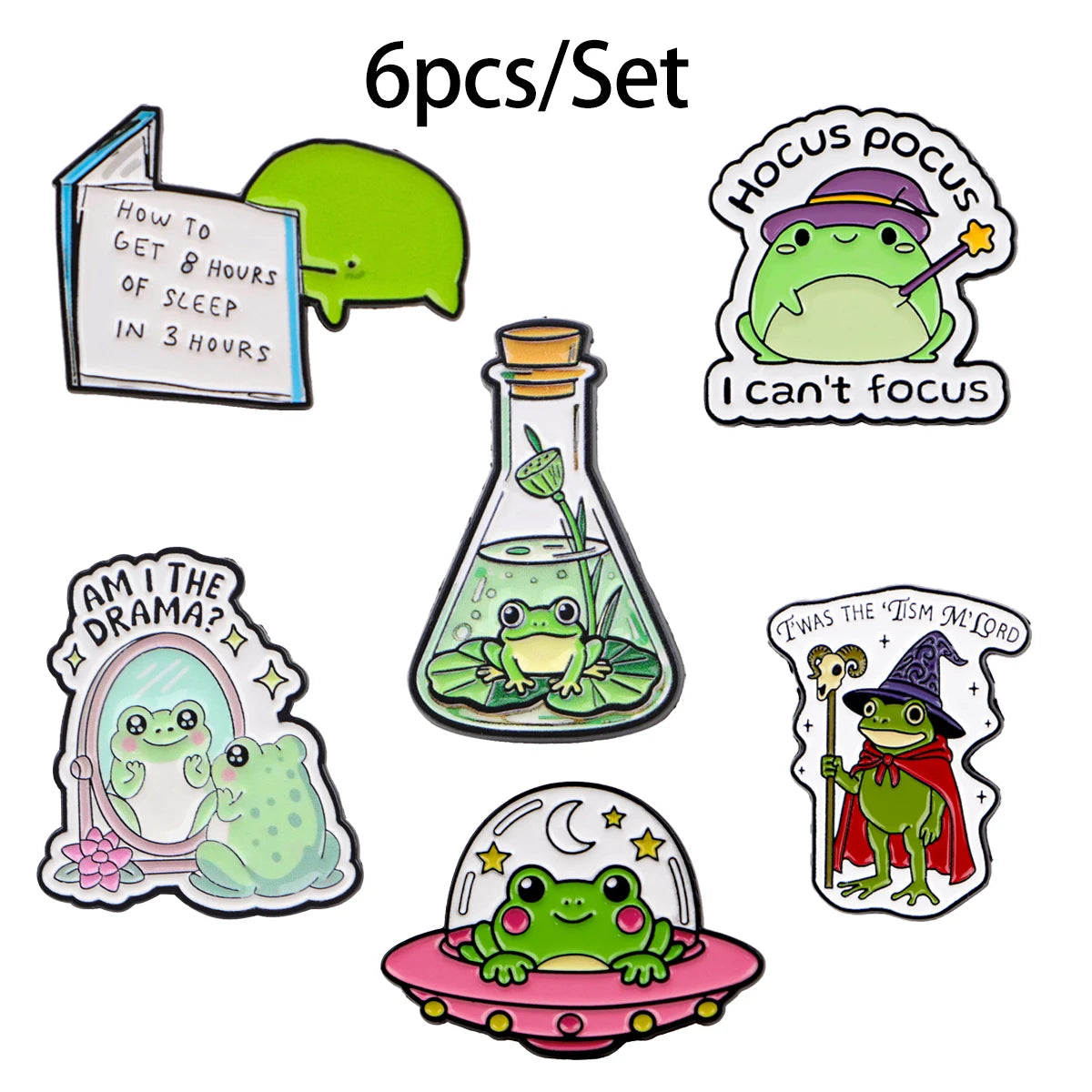 A set of six enamel brooches featuring various cute frog and lizard characters.