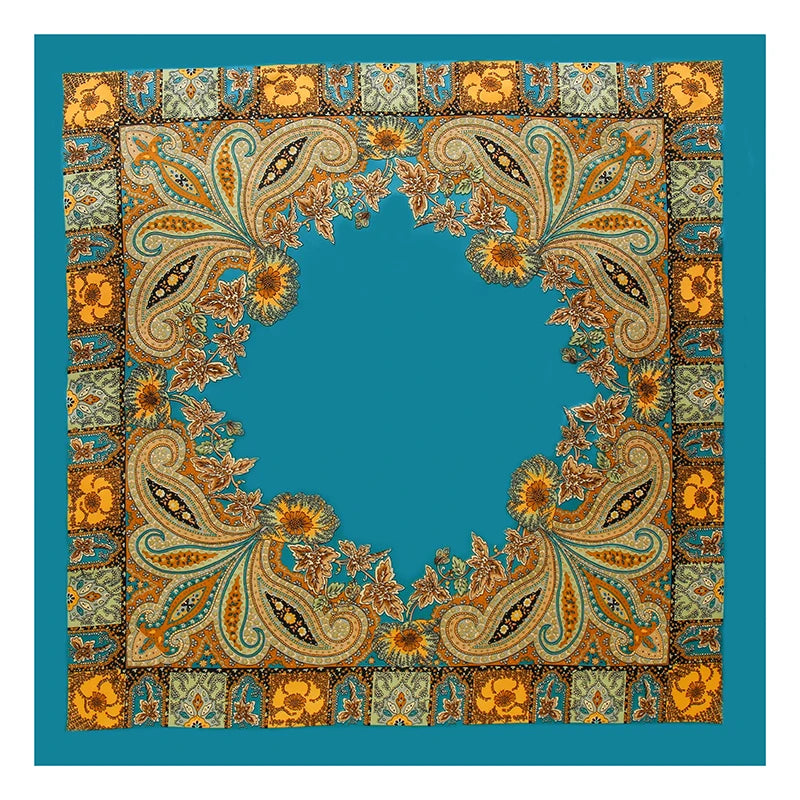 Intrikates, farbenfrohes Paisley-Rand in Orange und Gold auf Teal-Hintergrund.