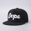 Black baseball cap with white script text reading Dope