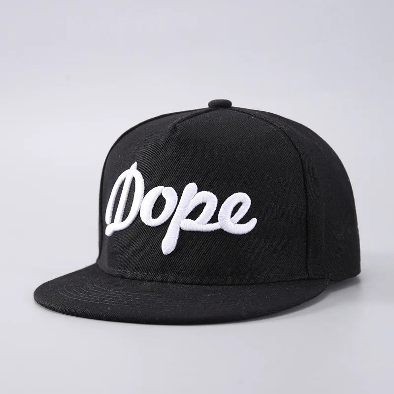 Black baseball cap with white script text reading Dope