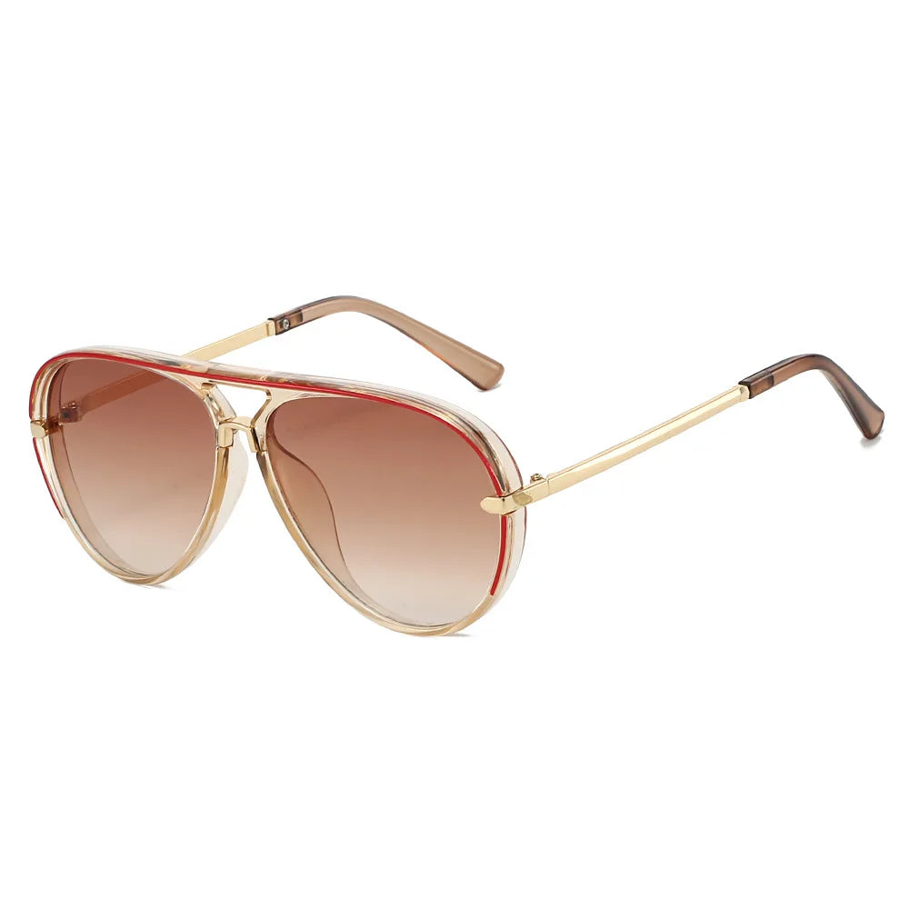 Gold-framed aviator style sunglasses with tinted lenses and brown arms