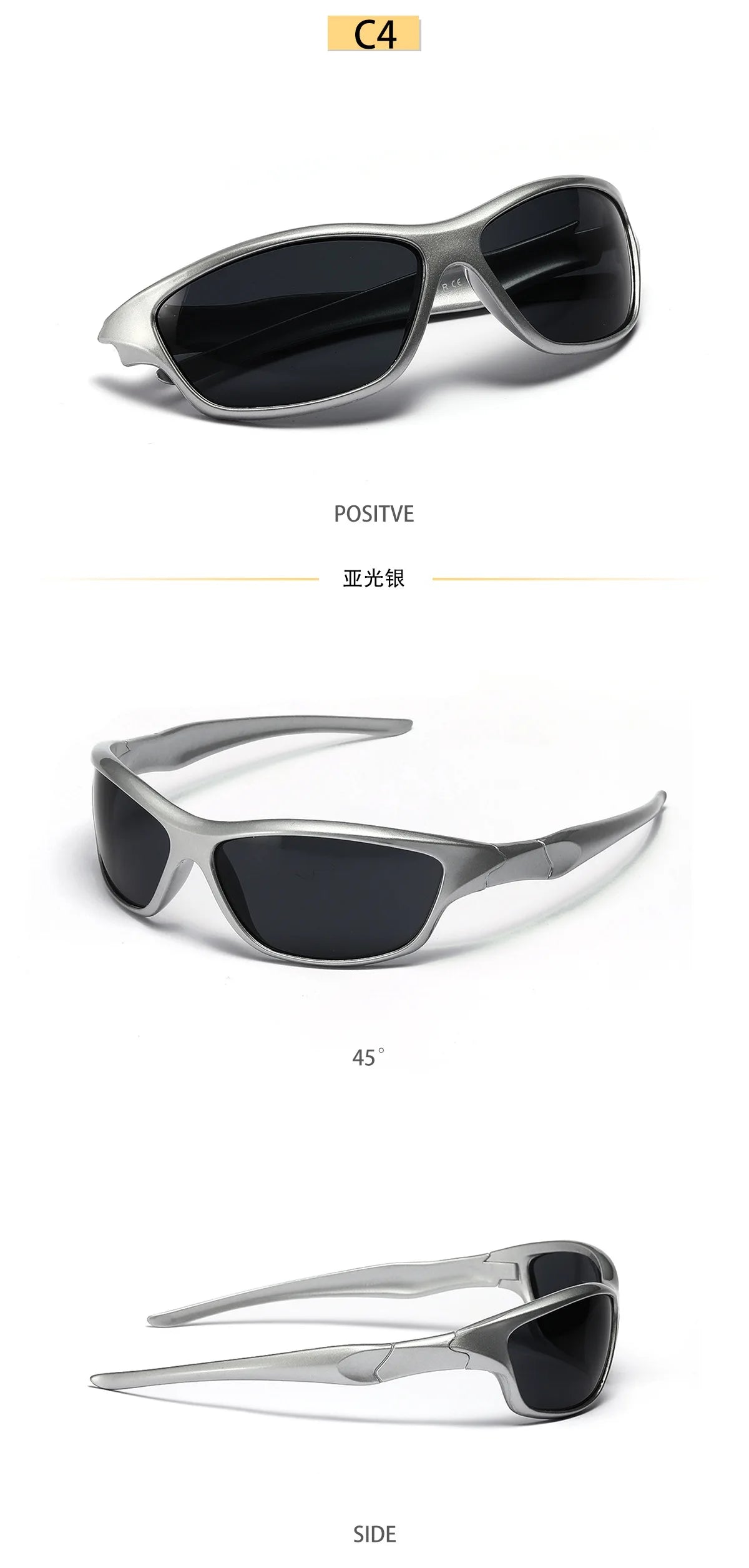 Silbergerahmte Sonnenbrille mit schwarzen Linsen, gezeigt aus Front- und Seitenansicht.