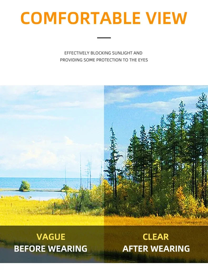 Image showing a comparison of vague before wearing and clear after wearing square anti-blue light computer glasses against a 