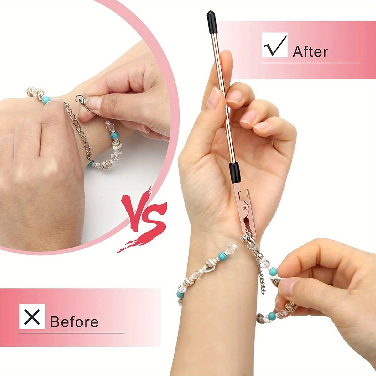 Hands demonstrate the before and after of using multi-purpose bracelet and joint repair tools on a wrist.