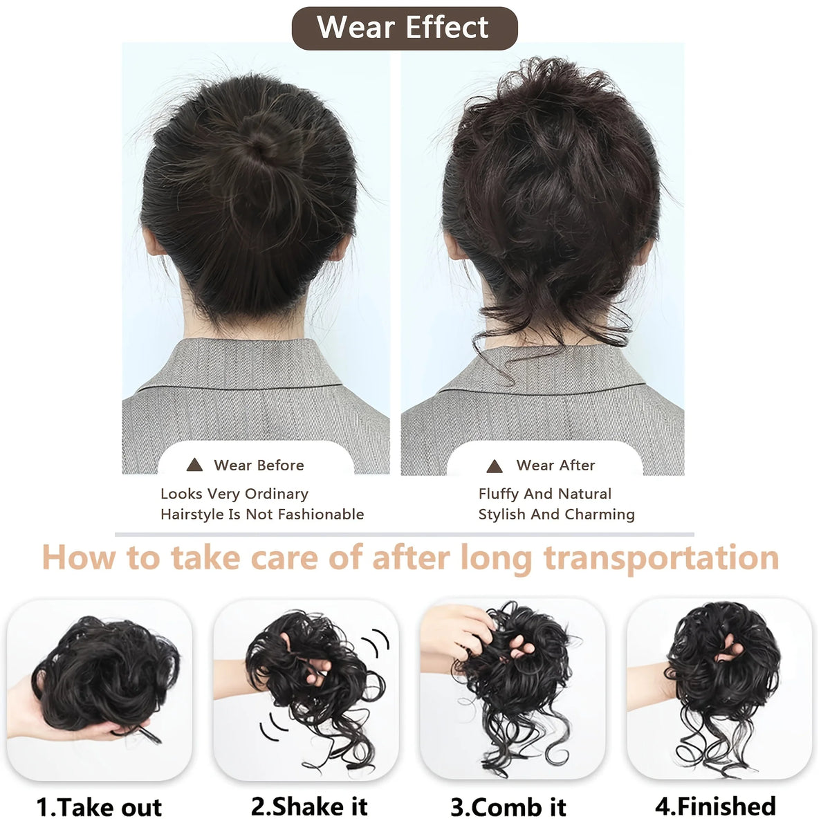 Image showing the wear effect of synthetic messy hair bun scrunchies before and after use, with instructions for care.