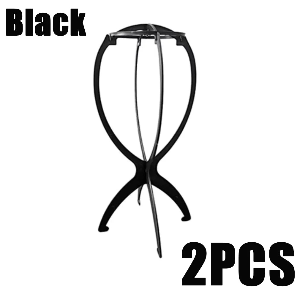 Soporte plegable portátil de peluca negra con marco circular y patas