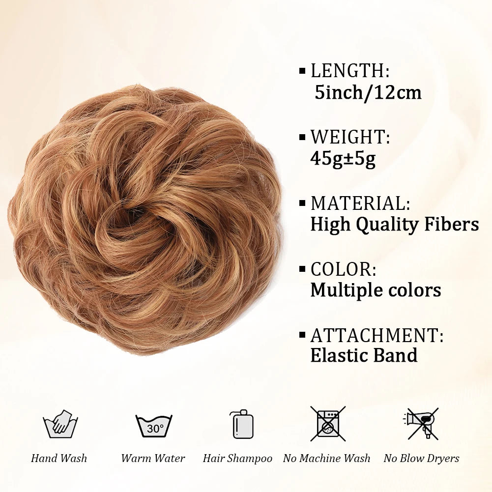 A brown hair piece styled in a messy bun using an elastic band, shown alongside care instructions.