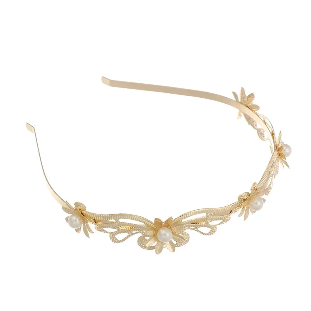 Gold leaf headband for bridal or party decoration featuring small pearl accents