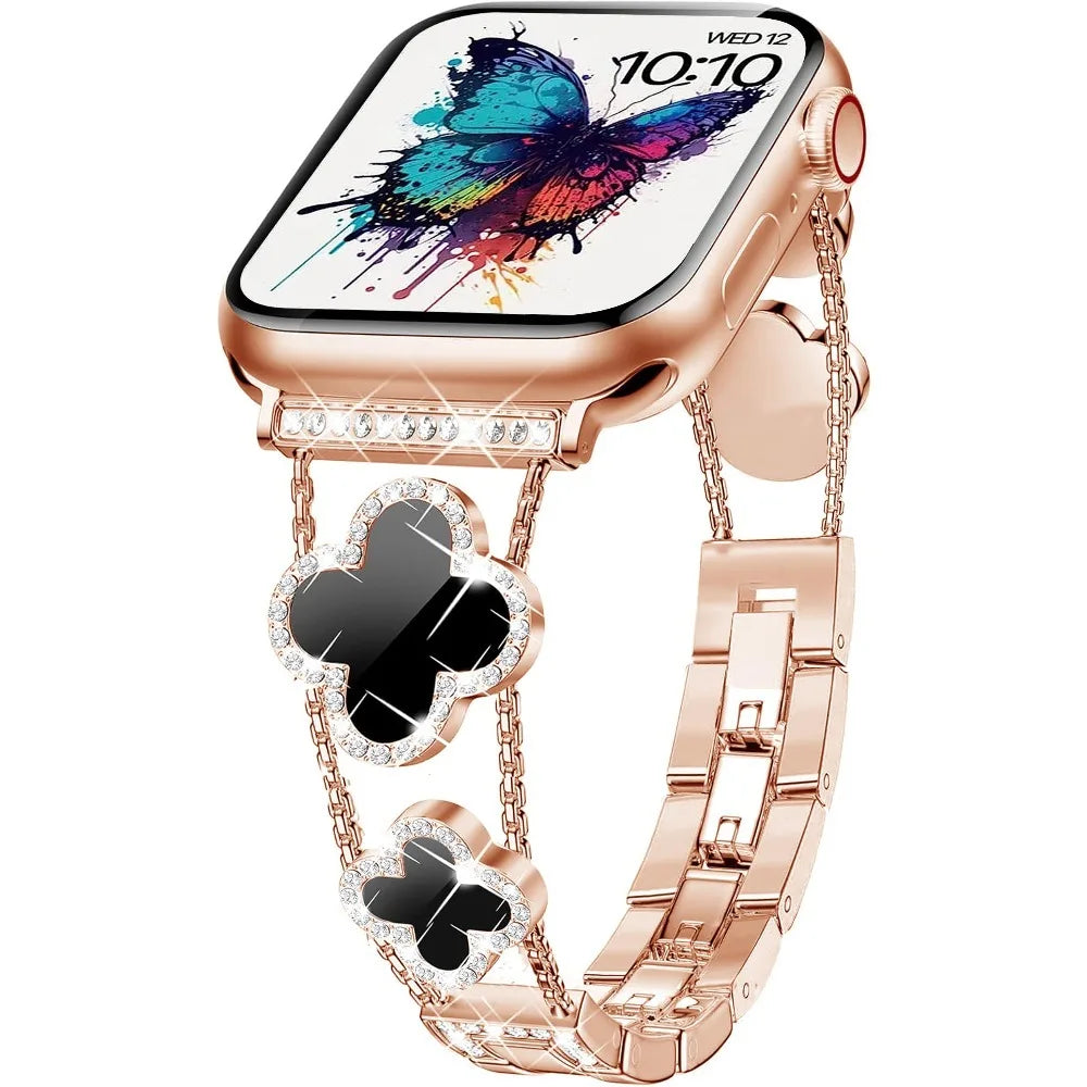 Montre connectée or rose gold avec cadran papillon éclatant et bracelet scintillant universel.