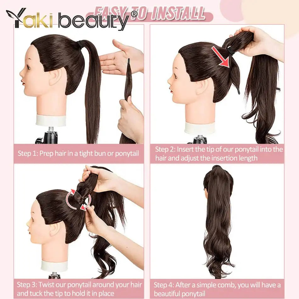 Instructions for installing 32-inch synthetic wrap around hair extensions on a mannequin head.