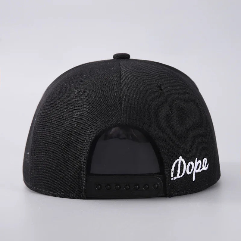 Black unisex luxury baseball cap with a black mesh front and white dope text embroidery