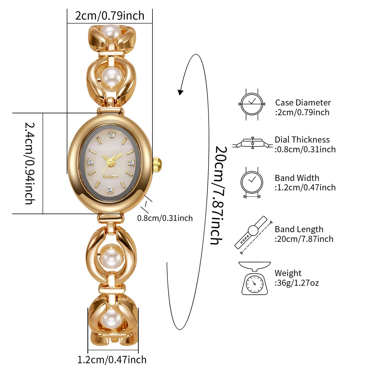 Goldfarbene Quarz-Armbanduhr mit rundem Zifferblatt, Perlmuttakzenten und goldener Band.