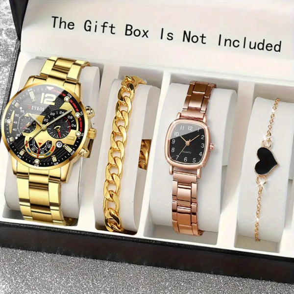 A gift box containing a gold-toned watch, a gold chain, and a rose gold watch and a gold necklace.