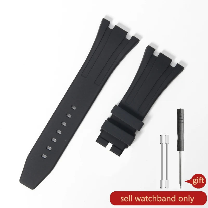 Black silicone watch band with a quick release buckle and accompanying hardware.