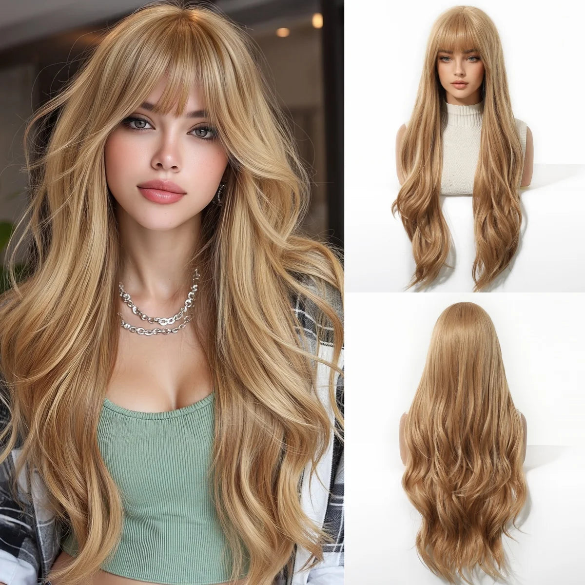 A woman modeling a long, wavy sandy blonde wig with bangs against a light background.