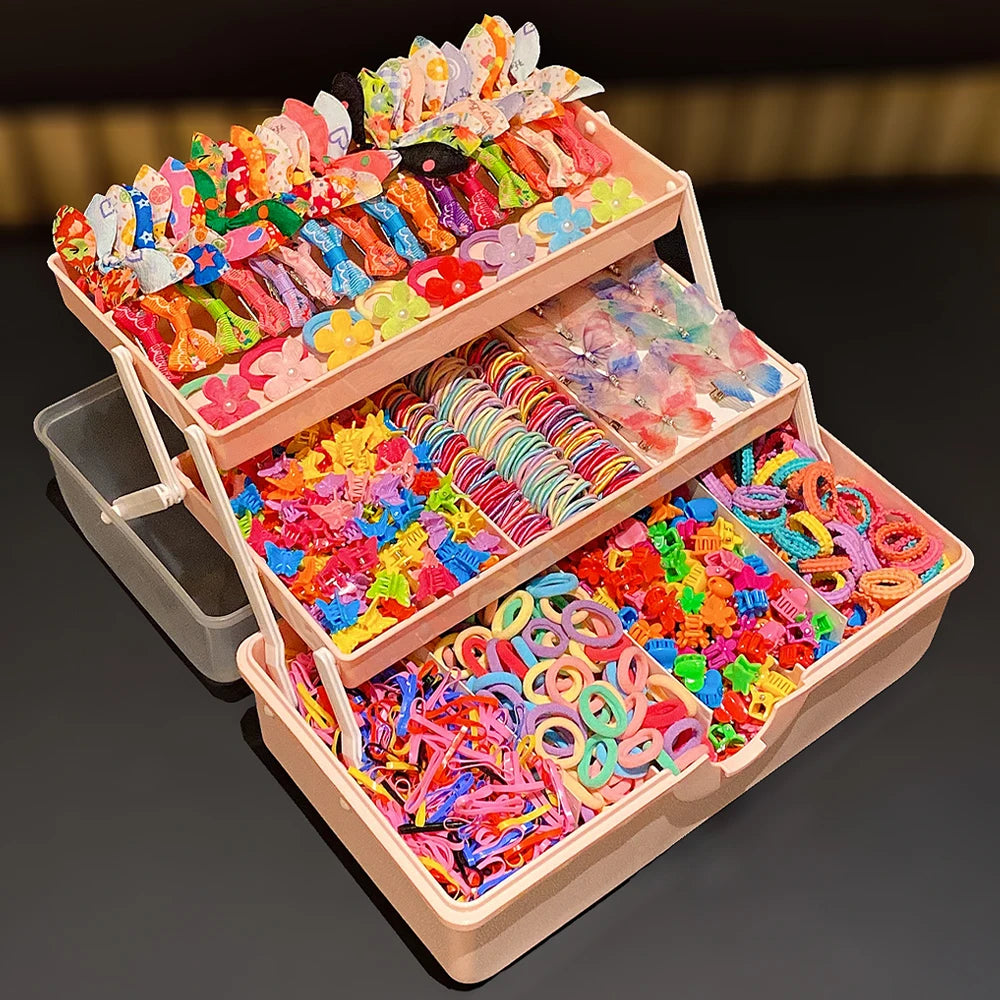 A wooden box filled with a variety of colorful butterfly hair accessories and braids.