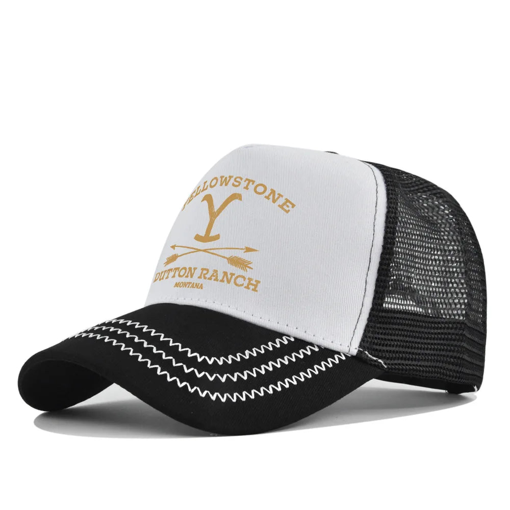 A white and black adjustable baseball cap with yellow embroidery featuring a letter Y and the text Dutton Ranch.