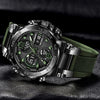 A luxury men's chronograph dive watch with a green strap and silver casing is displayed on a dark surface.