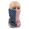 A model wearing a navy blue and red American flag bandana neck gaiter around their neck.
