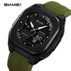 A black SKMEI sports watch with a olive green strap and a dark face displaying digital time and functions.