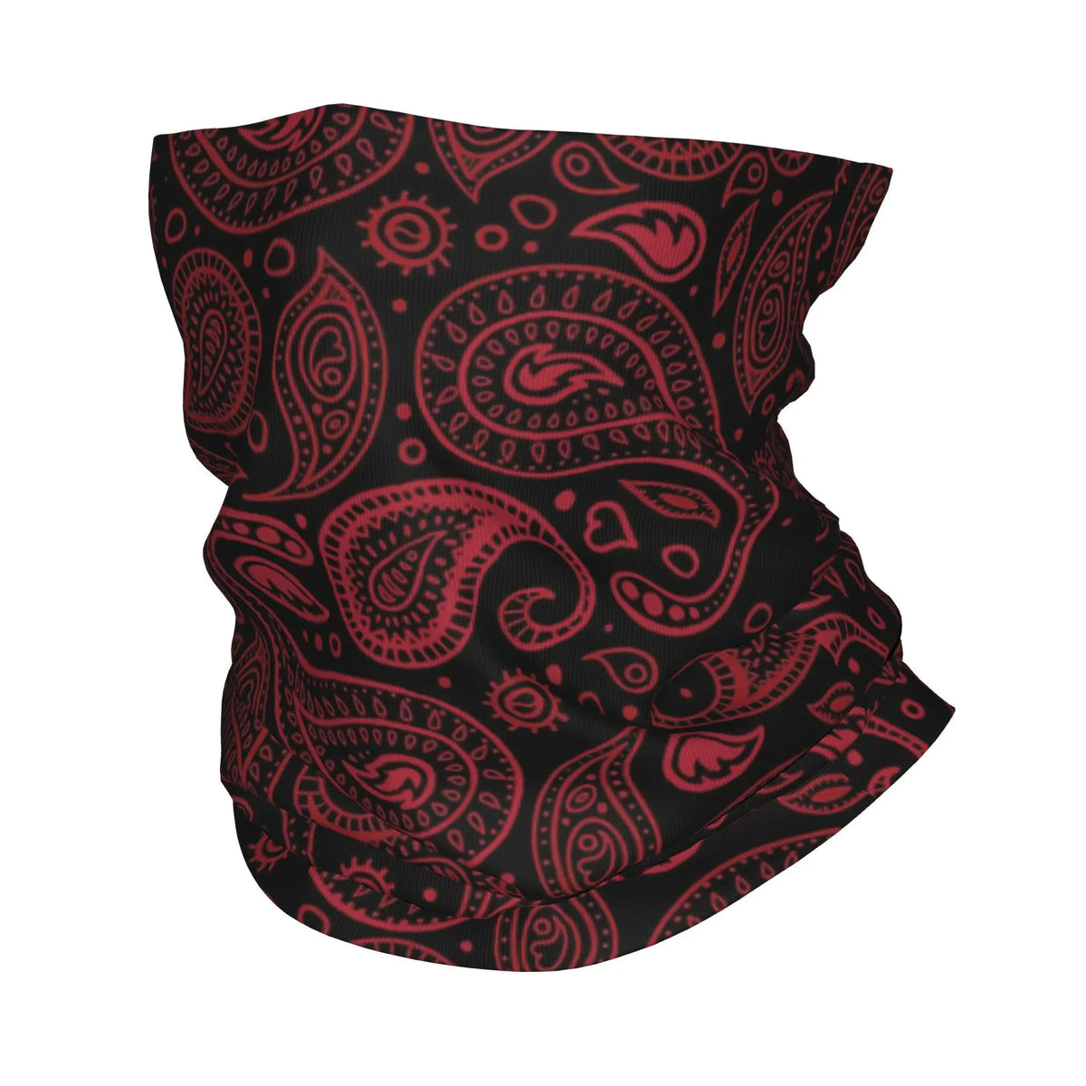 Un cuello de tela negra con un patrón paisley repetitivo en tonos rosa y rojo.