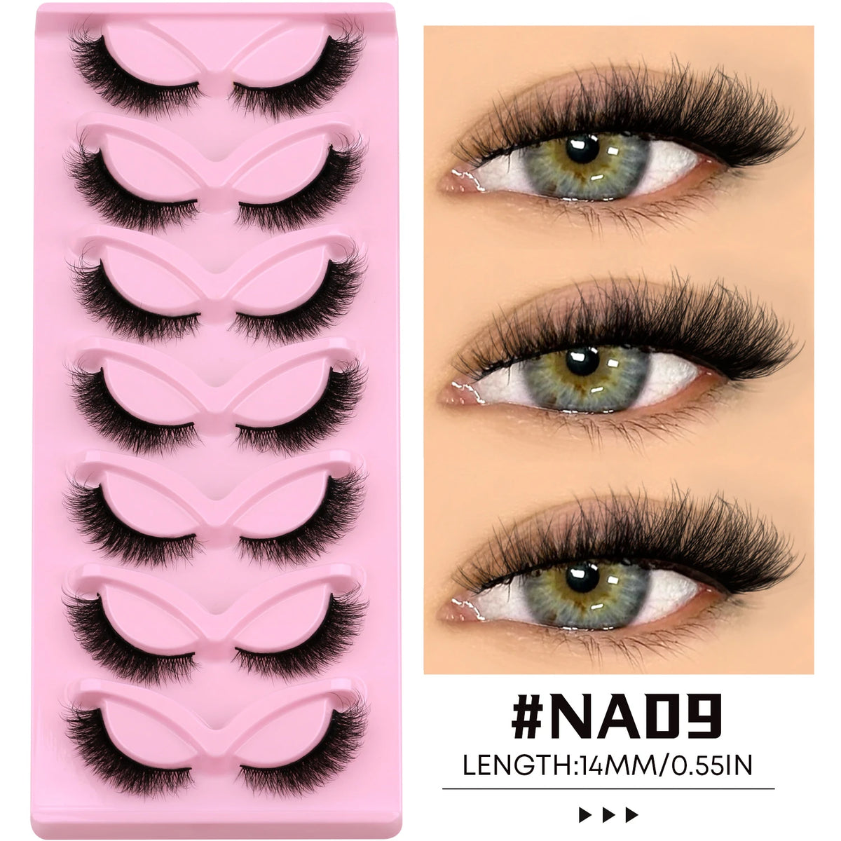 A pink plastic tray holding nine pairs of black faux mink cat eye eyelashes with a length of 14mm.