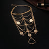 Gold fashion tassel anklet bracelet featuring multiple chains and round charms