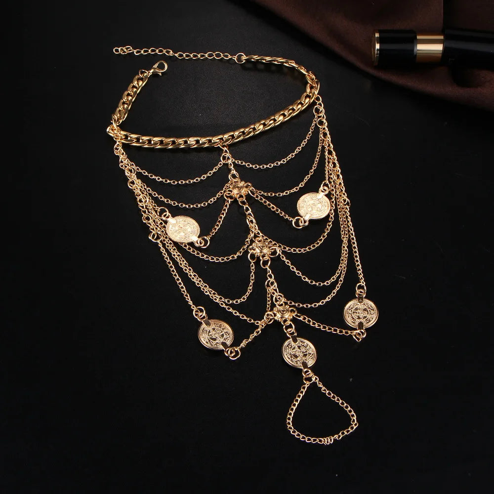 Gold fashion tassel anklet bracelet featuring multiple chains and round charms