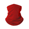 A bright red all-in-one multi-use sun protection head scarf rolled or folded.